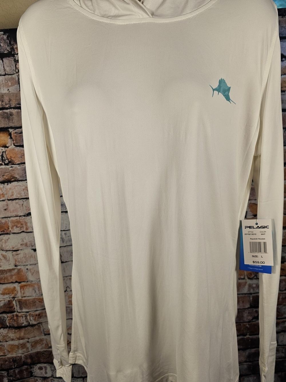Pelagic Aquatek Hooded Performance Fishing Shirt White Blue Large NWT